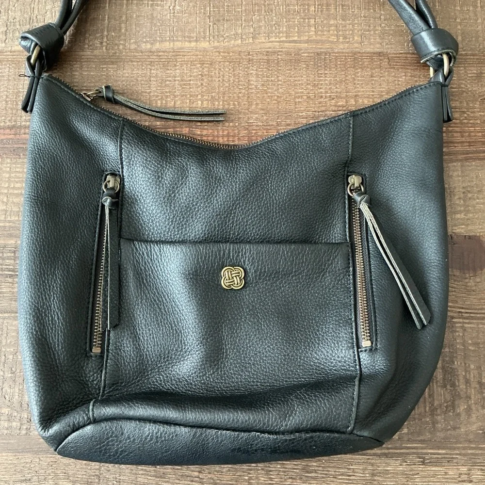 Elliot Lucca Black Leather Raw Edges Front Zippers Tie Handle Shoulder Bag Purse